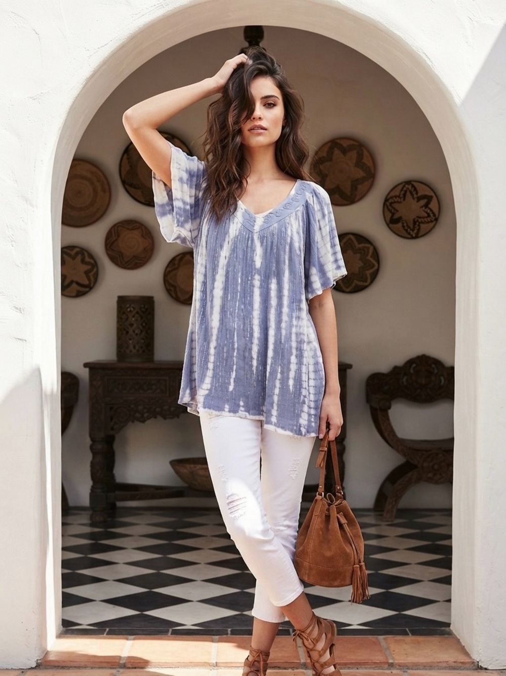 Just Cruising Embroidered Boho Tunic Top Free Size Flutter Sleeve Coastal Hippie